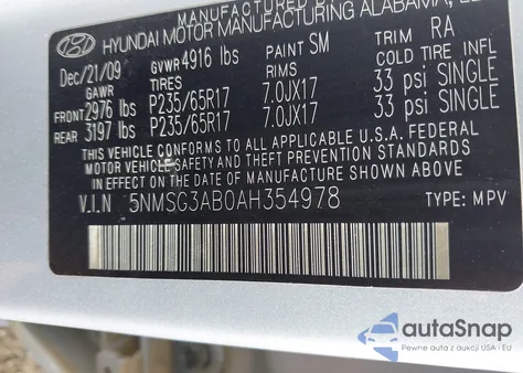 2010 Hyundai Santa Fe Gls z USA, uszkodzony, nr VIN 5NMSG3AB0AH354978